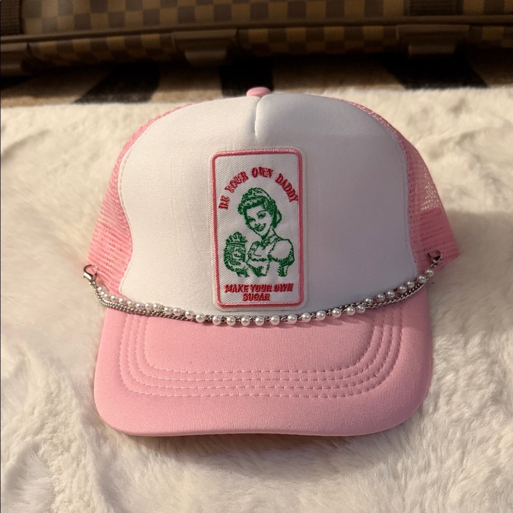 Pink and White Womens Cap with Beaded Chain